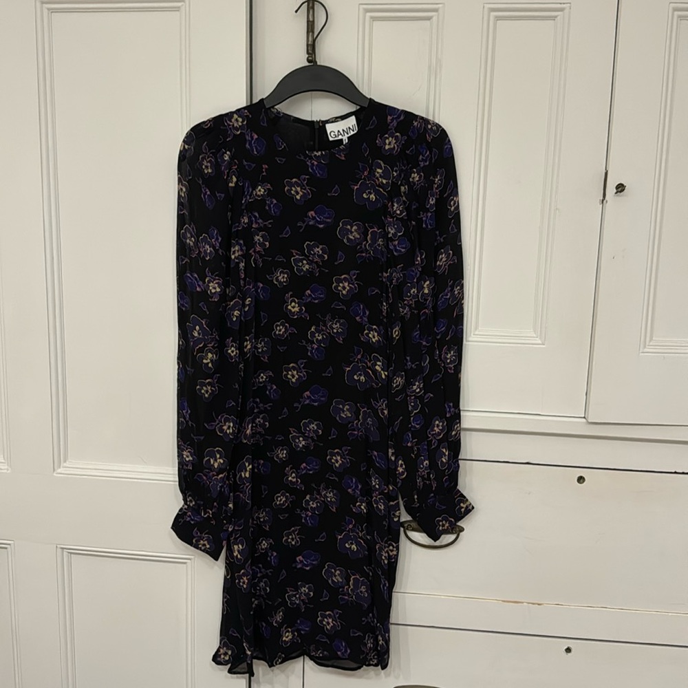 GANNI PURPLE AND BLACK LONG SLEEVE BALLOON SLEEVE DRESS SZ 32